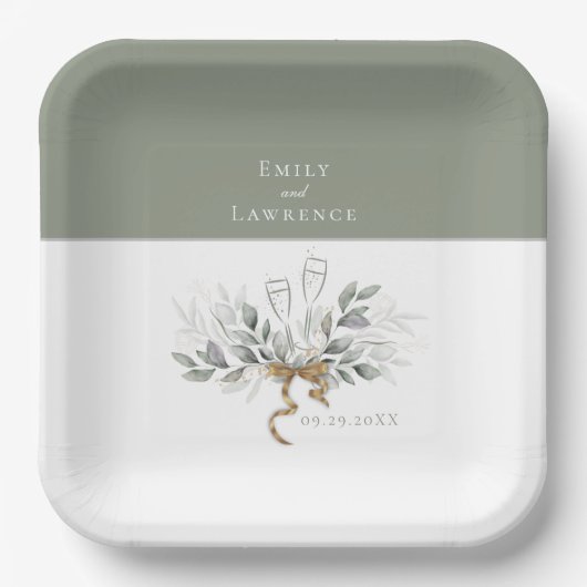 セージグリーンユーカリプトゥスチャンパ結婚ーニュプレート ペーパープレート (正面)