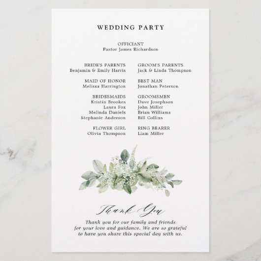 セージグリーンユーカリプトゥスボタニカル結婚式 プログラム (裏面)