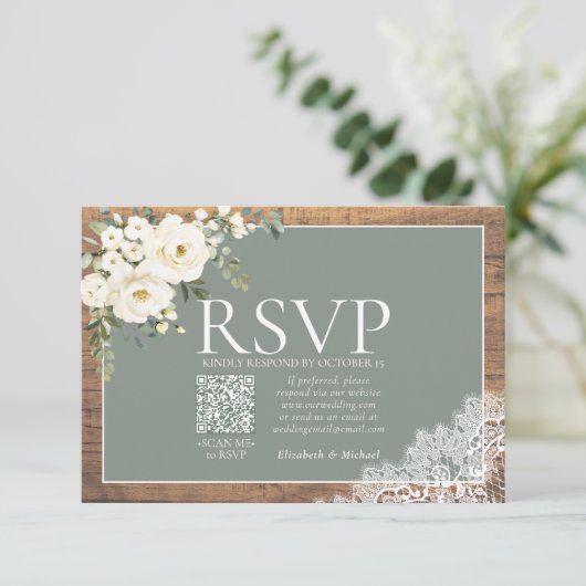 セージグリーンユーカリプトゥスレース結婚ウッドのQR RSVP (スタンド正面)