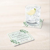 セージグリーンユーカリ結婚金ゴールドサンキュー スクエアペーパーコースター (インサイチュ)