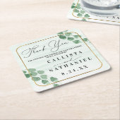 セージグリーンユーカリ結婚金ゴールドサンキュー スクエアペーパーコースター (アングル)
