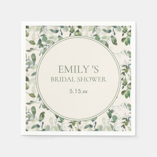 セージグリーンユーカリ葉スクリームブライダルシャワー スタンダードカクテルナプキン (正面)