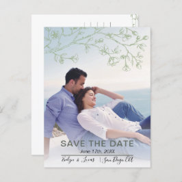 セージグリーンラインアートの花の写真Save the Date ポストカード