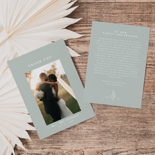 セージグリーンラインアートリーフモノグラム結婚ズ サンキューカード