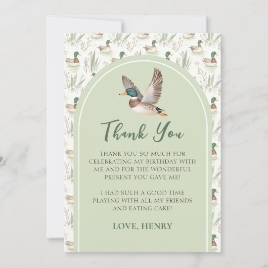 セージグリーンラッキーダックボーイ誕生日サンキューカード 招待状 (正面)
