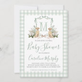 セージグリーンラボ赤ちゃんシャワー名門私立校風のギンガム 招待状 (正面)