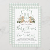 セージグリーンラボ赤ちゃんシャワー名門私立校風のギンガム 招待状 (正面/裏面)