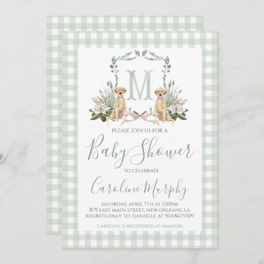 セージグリーンラボ赤ちゃんシャワー名門私立校風のギンガム 招待状 (正面/裏面)