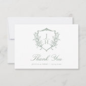 セージグリーンリージェンシーフローラクレストモノグラム結婚ズ サンキューカード (正面)