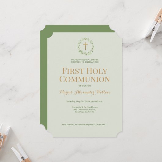 セージグリーンリースクロスボーイファースト聖餐式 招待状 (正面/裏面インサイチュ)
