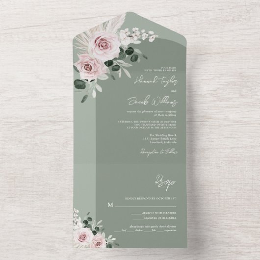 セージグリーンリーピンクフローラダスティーバラ結婚ズ オールインワン招待状 (内側)