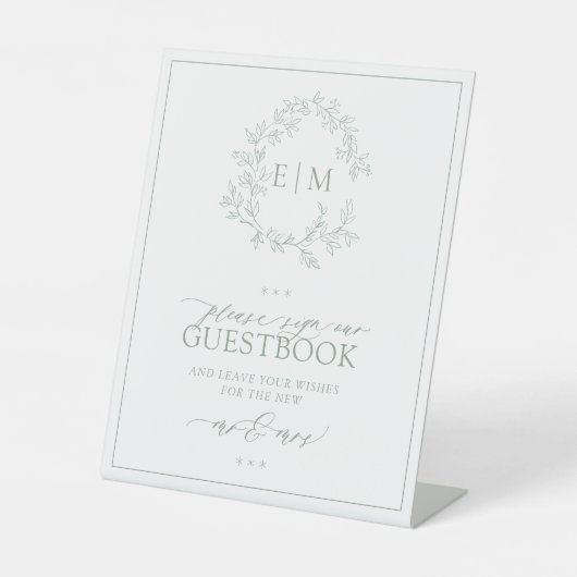 セージグリーンリーピークレストモノグラム結婚ズゲストブック 台座サイン (正面)