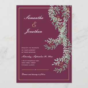 セージグリーンリーフつる植物 Cranberry Colored 結婚's 招待状