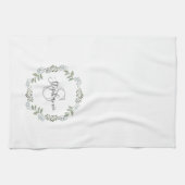 セージグリーンリーボタニカルリースモノグラム キッチンタオル (横)