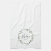 セージグリーンリーボタニカルリースモノグラム キッチンタオル (縦)