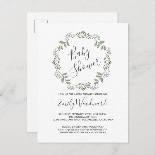 セージグリーンリー植物性リースベビーシャワー インビテーションポストカード (正面/裏面)