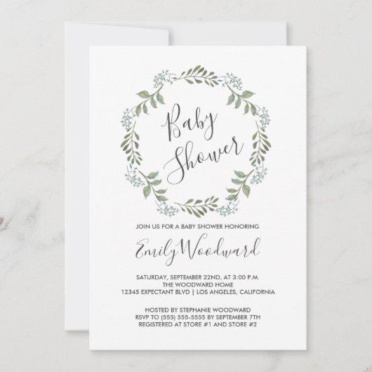 セージグリーンリー植物性リースベビーシャワー 招待状 (正面)