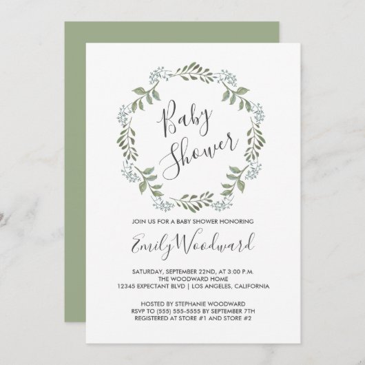セージグリーンリー植物性リースベビーシャワー 招待状 (正面/裏面)