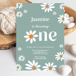 セージグリーンレトログルービーデイジー花模様1st誕生日 招待状