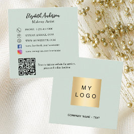 セージグリーンロゴQRコードSNS スクエア名刺