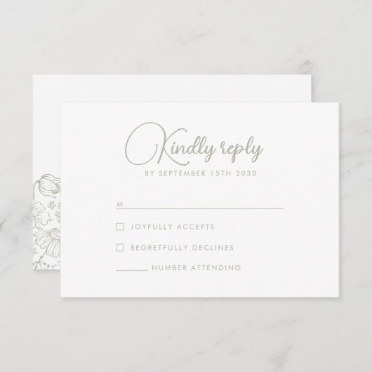 セージグリーンワイルドフラワーエレガントウェディングRSVPカード 出欠カード (正面/裏面)