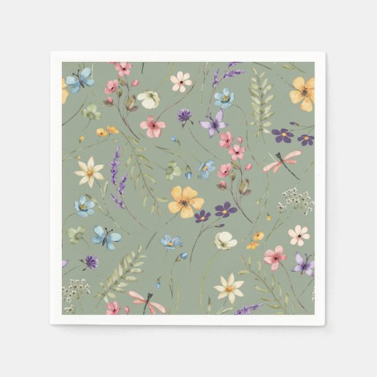 セージグリーンワイルドフラワーエレガントブライダルシャワー スタンダードカクテルナプキン (正面)