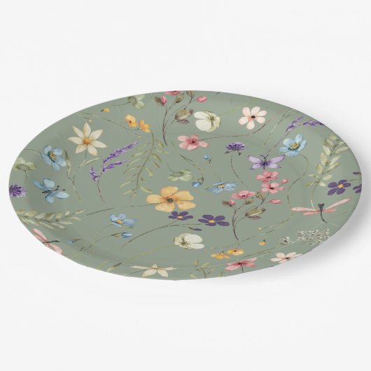 セージグリーンワイルドフラワーエレガントブライダルシャワー ペーパープレート (アングル)