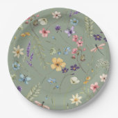 セージグリーンワイルドフラワーエレガントブライダルシャワー ペーパープレート (正面)
