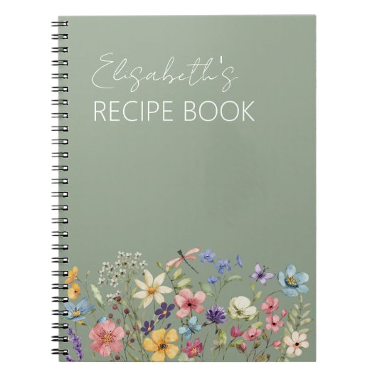セージグリーンワイルドフラワーズブライダルシャワーレシピブック ノートブック (正面)