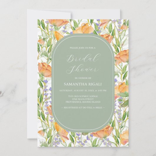 セージグリーンワイルドフラワーズブライダルシャワー招待状 (正面)