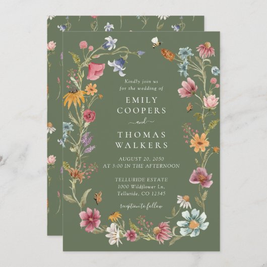 セージグリーンワイルドフラワーズ結婚式招待状 招待状 (正面/裏面)