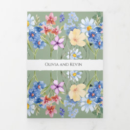 セージグリーンワイルドフラワートリフォールド結婚式招待状 三つ折りプログラム