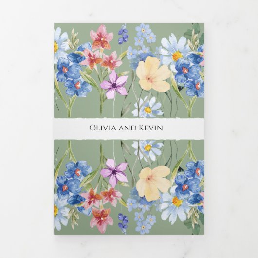 セージグリーンワイルドフラワートリフォールド結婚式招待状 三つ折りプログラム (カバー)