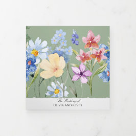 セージグリーンワイルドフラワートリフォールド結婚式招待状 三つ折り招待状