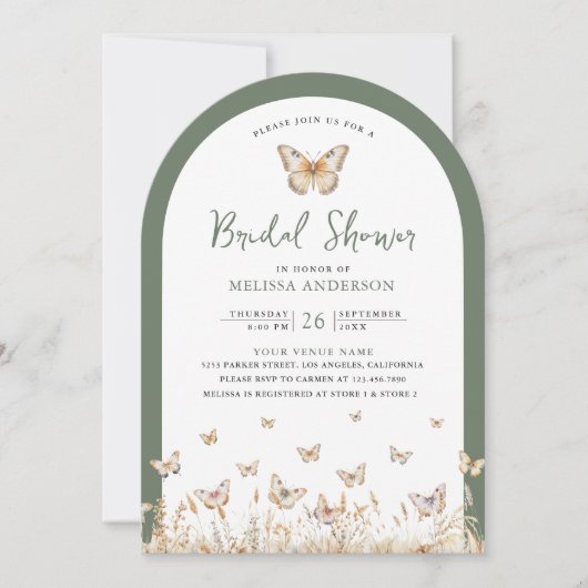 セージグリーンワイルドフラワーバタフライアーチブライダルシャワー 招待状 (正面)
