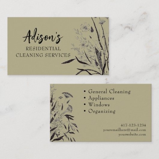 セージグリーンワイルドフラワービジネスカード 名刺 (正面/裏面)