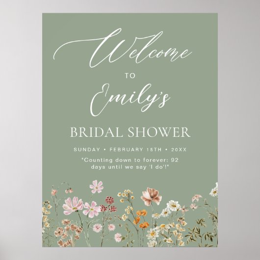 セージグリーンワイルドフラワーブライダルシャワーウェルカムサイン ポスター (正面)