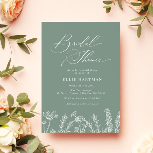 セージグリーンワイルドフラワーブライダルシャワー招待 招待状