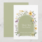 セージグリーンワイルドフラワーベビーイン開花ベビーシャワー サンキューカード (正面/裏面)