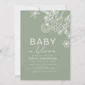 セージグリーンワイルドフラワーベビーイン開花ベビーシャワー 招待状 (正面)