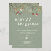 セージグリーンワイルドフラワーベビーイン開花ベビーシャワー 招待状 (正面/裏面)