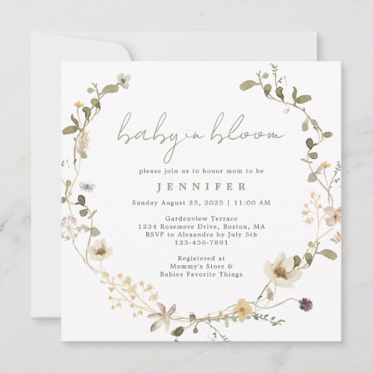 セージグリーンワイルドフラワーベビーイン開花ベビーシャワー 招待状 (正面)