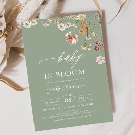 セージグリーンワイルドフラワーベビーイン開花ベビーシャワー 招待状