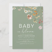 セージグリーンワイルドフラワーベビーイン開花ベビーシャワー 招待状 (正面)
