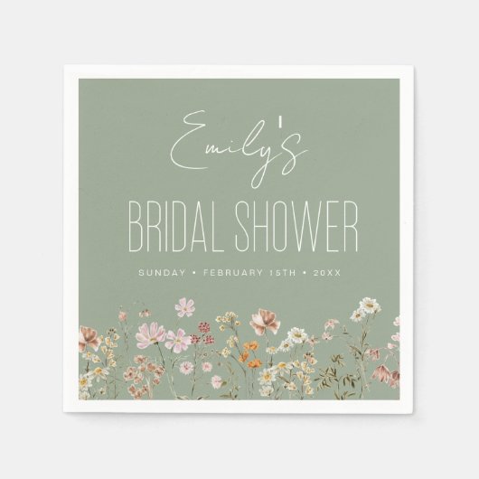 セージグリーンワイルドフラワーボホブライダルシャワーイン開花 スタンダードカクテルナプキン (正面)