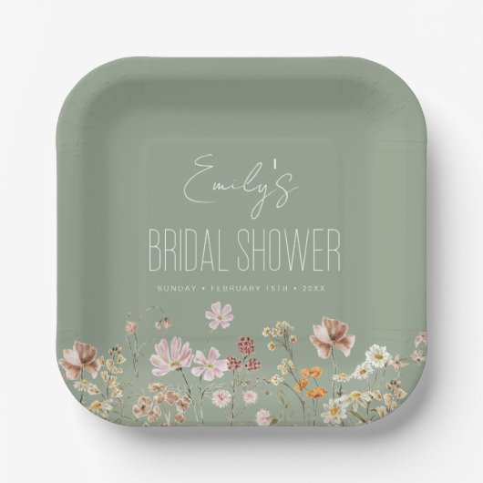 セージグリーンワイルドフラワーボホブライダルシャワーイン開花 ペーパープレート (正面)