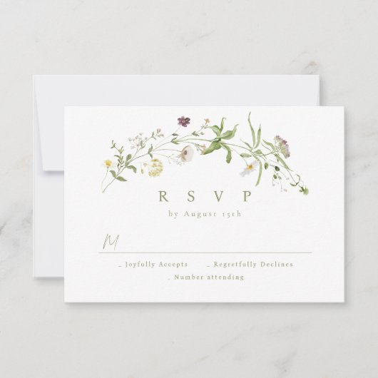 セージグリーンワイルドフラワーボホ素朴ウェディングRSVP 出欠カード (正面)