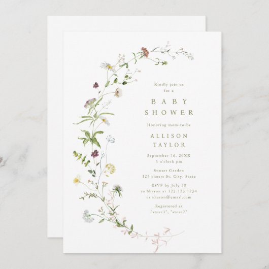 セージグリーンワイルドフラワーボホ素朴ベビーシャワー 招待状 (正面/裏面)