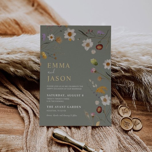 セージグリーンワイルドフラワーボホ結婚式招待状 招待状