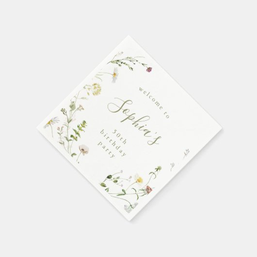 セージグリーンワイルドフラワー素朴ボホエージエイジ誕生日 スタンダードカクテルナプキン (角)
